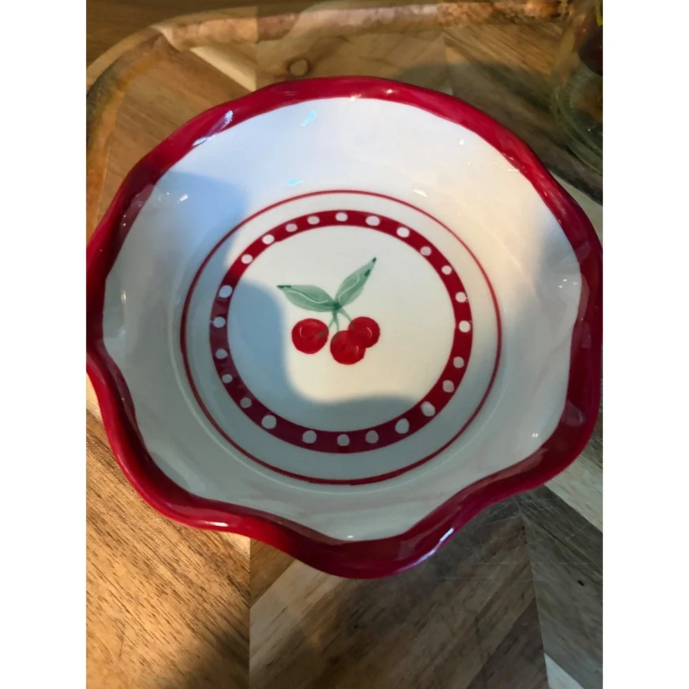 Crate & Barrel Cherry Scalloped Ceramic Bowl